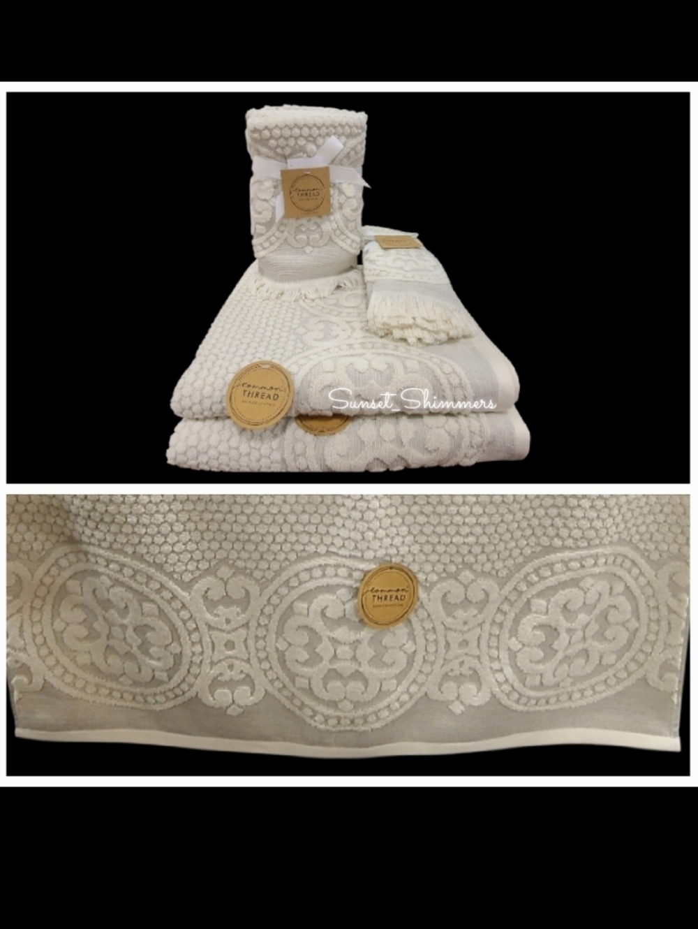 6pc COMMON THREAD Cream Bath Hand Tip Towel Set Scroll Jaquered Damask New